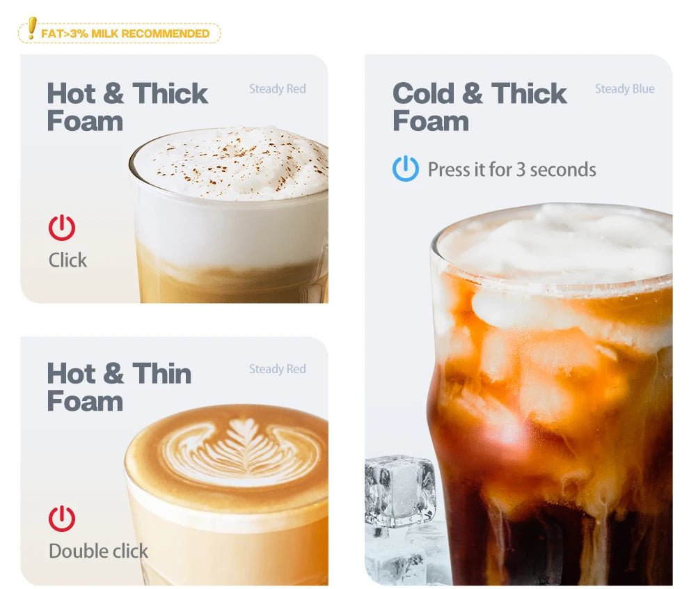 HiBREW Espumador de leche Espumador Mezclador de chocolate Latte frío/caliente Capuchino Calentador de leche completamente automático Cool Touch M1A
