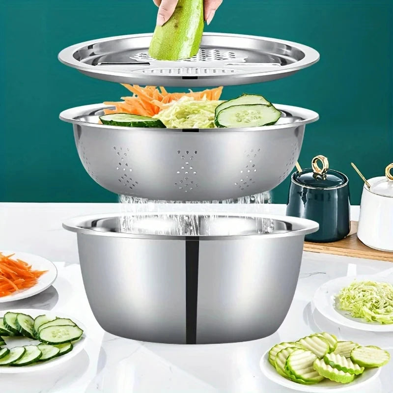 Juego de 3 Utensilios de Cocina de Acero Inoxidable, Tazón para Mezclar Multifuncional, Cortador de Verduras, Pelador de Frutas