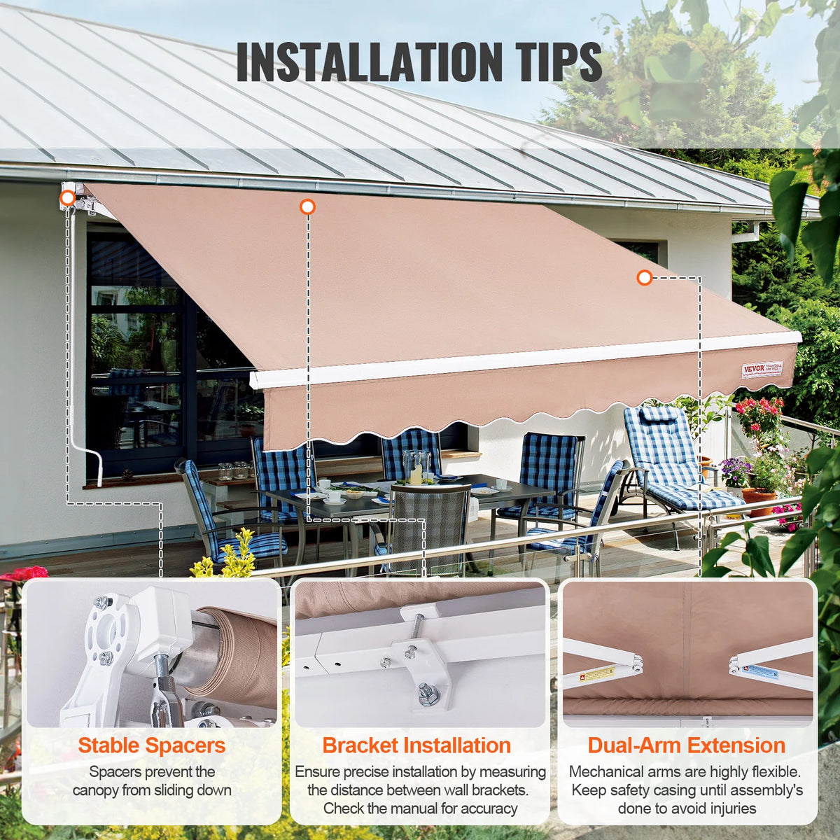 SucceBuy Toldo retráctil manual Toldo exterior Parasol retráctil Poliéster resistente al agua Puerta de patio Ventana para patio trasero