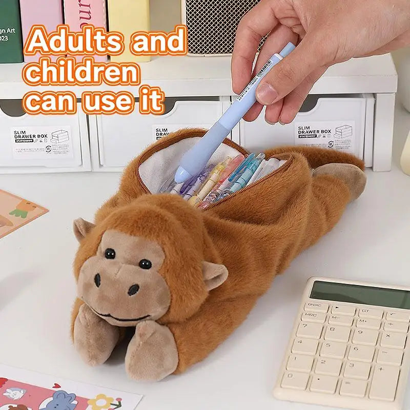 Nuevo Estuche de Lápices de Peluche con Diseño de Gorila de Dibujos Animados, Divertido Estuche de Lápices con Forma de Animal para Estudiantes, Bolsa de Almacenamiento de Papelería de Gran Capacidad, Regalos