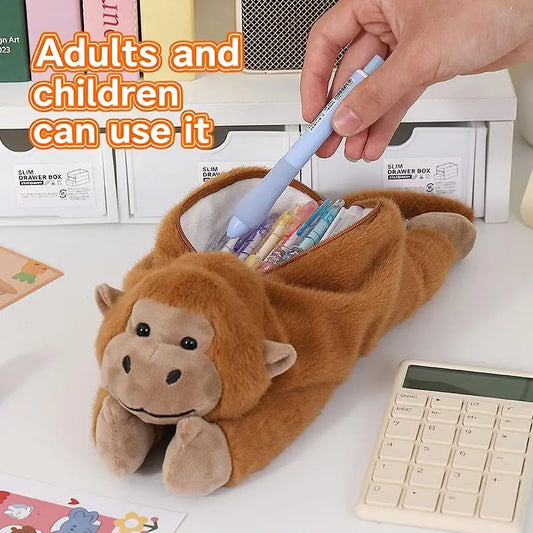 Nuevo Estuche de Lápices de Peluche con Diseño de Gorila de Dibujos Animados, Divertido Estuche de Lápices con Forma de Animal para Estudiantes, Bolsa de Almacenamiento de Papelería de Gran Capacidad, Regalos
