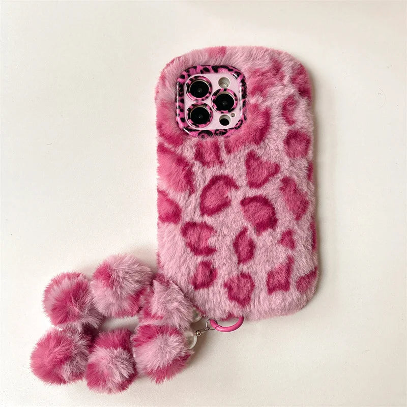 Funda de teléfono con soporte de lente de felpa peluda de leopardo a la moda para iPhone 17Air 15 14 13 12 11 16 Pro Max con cubierta a prueba de golpes con cadena para la muñeca