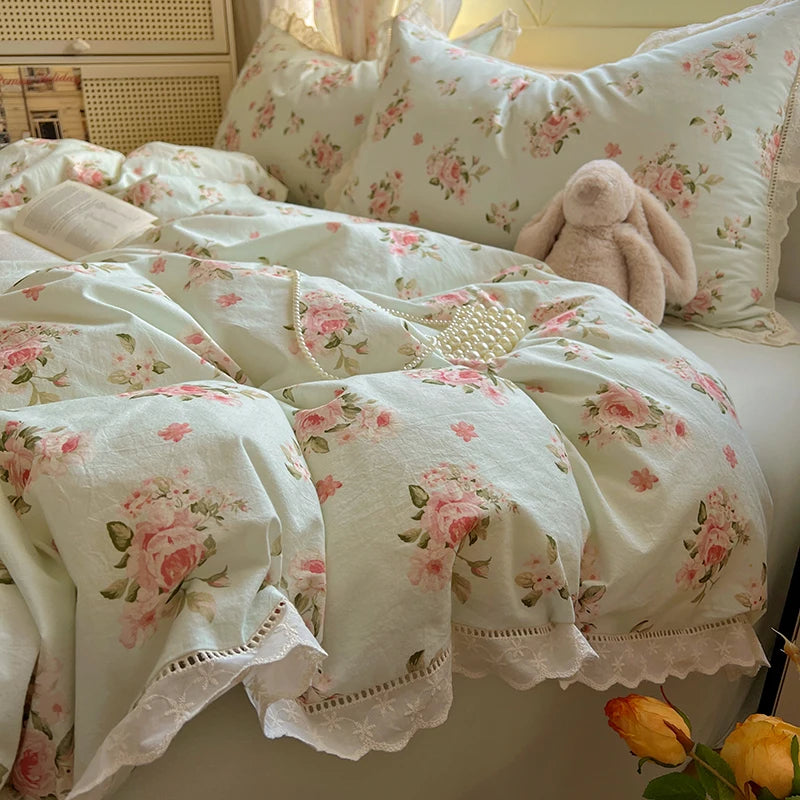 Juegos de funda nórdica de algodón lavado, juego de cama con estampado de flores individual/Queen/king, estilo princesa, funda de couette de 220x240 con encaje
