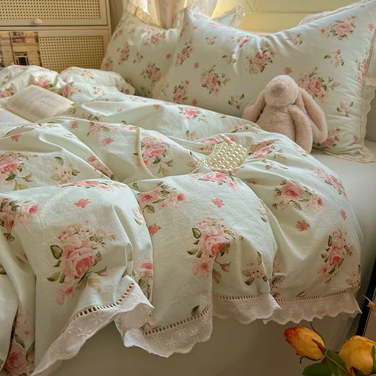 Juegos de funda nórdica de algodón lavado, juego de cama con estampado de flores individual/Queen/king, estilo princesa, funda de couette de 220x240 con encaje