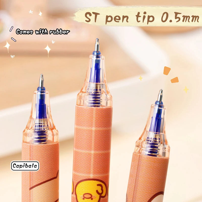 Lindos bolígrafos de gel Capybara: juego de bolígrafos borrables azules de secado rápido Kawaii de 6 piezas para oficina, escuela y papelería estética
