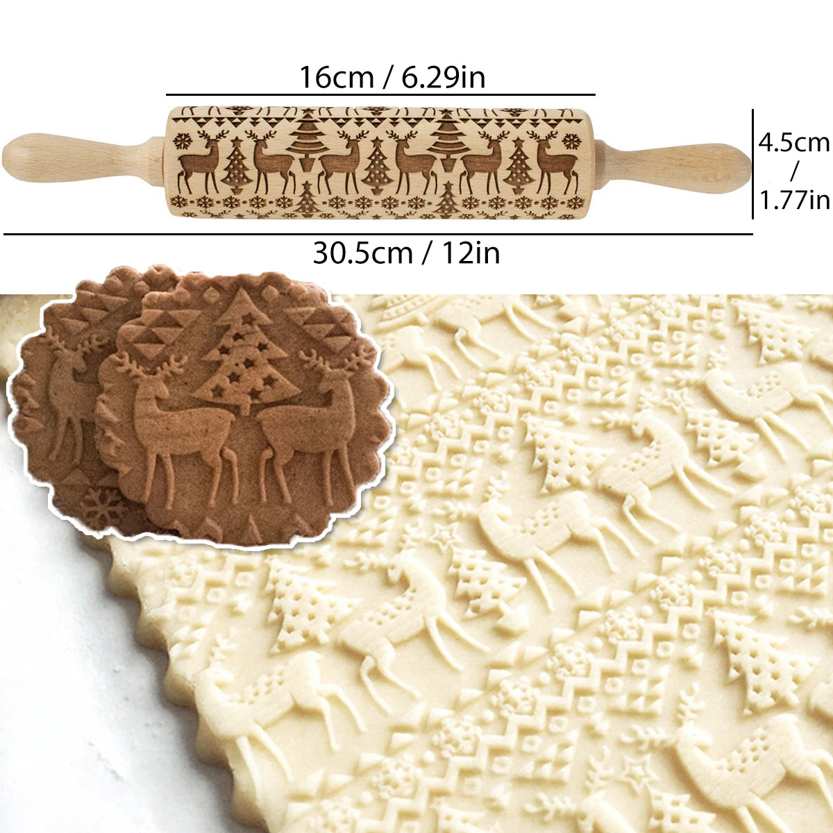 Rodillo navideño con patrones de flores de reno, molde para galletas 3D en relieve de madera grabado con láser, herramientas para hornear DIY, rodillo de masa