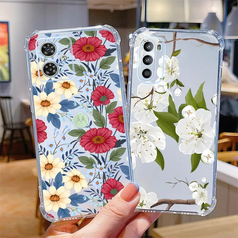 Funda de teléfono transparente G54 flores y hierba para Motorola Moto G54 G53 G52 G72 G82 G13 G73 G32 G84 G14 G42 G24Power G30 G9
