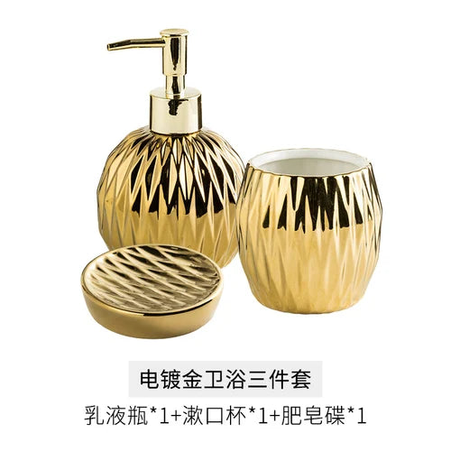 Juego de Accesorios de Baño de Cerámica Electrochapada de Lujo Ligero: Dispensador de Jabón Creativo, Vaso para Enjuague Bucal y Jabonera