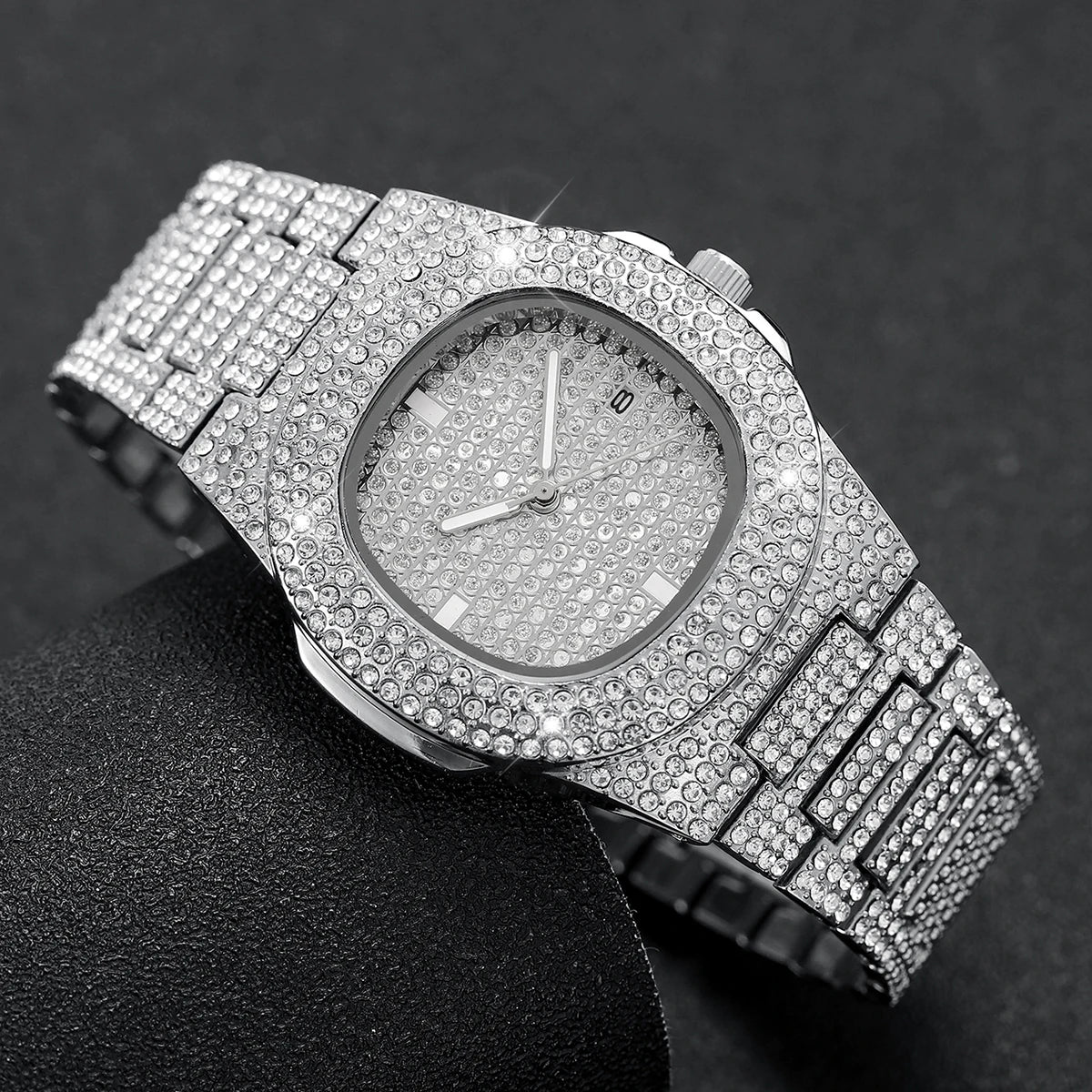 Relojes de Lujo para Hombre de Acero Inoxidable con Diamantes Completos, Reloj de Pulsera Deportivo de Cuarzo con Calendario