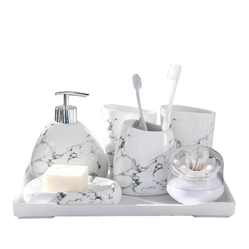 6 unids/set de cerámica de imitación de mármol, juego de accesorios de baño, dispensador de jabón/soporte para cepillo de dientes/vaso/productos jabonera