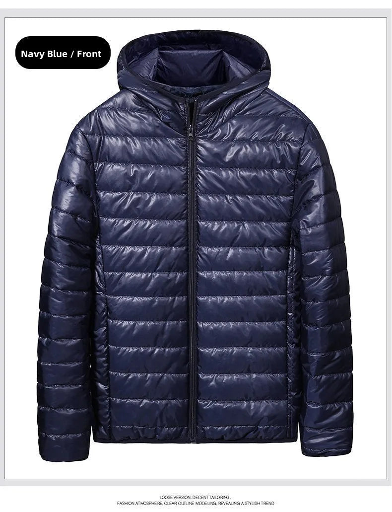 Chaqueta de plumón ligera para hombre, estilo nuevo de otoño-invierno, tipo abrigo acolchado, con cierre de cremallera y capucha, de fibra de poliéster.
