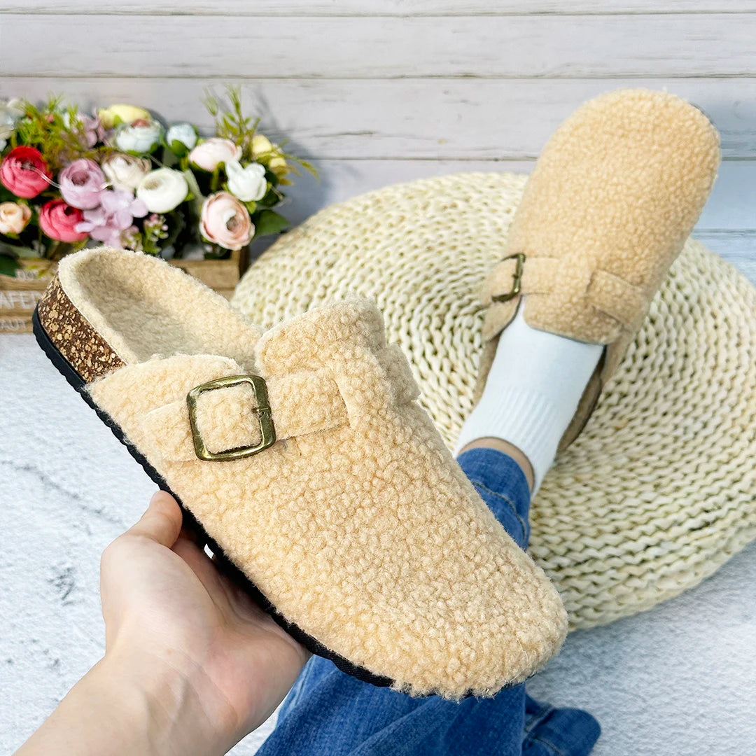 Otoño e Invierno nuevas mujeres y hombres tela de gamuza zapatilla de punta cerrada interior o exterior Slip-on Retro Sandalias planas duraderas