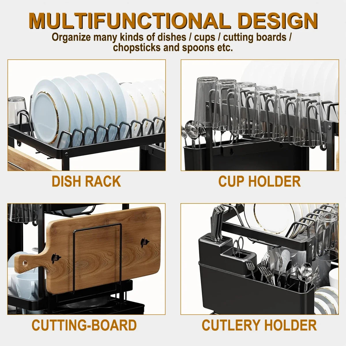 Rejilla para secar platos de 2 niveles con soporte para utensilios, metal, gran capacidad, 360 °   Tubo de drenaje giratorio, organizador de estante para platos de cocina