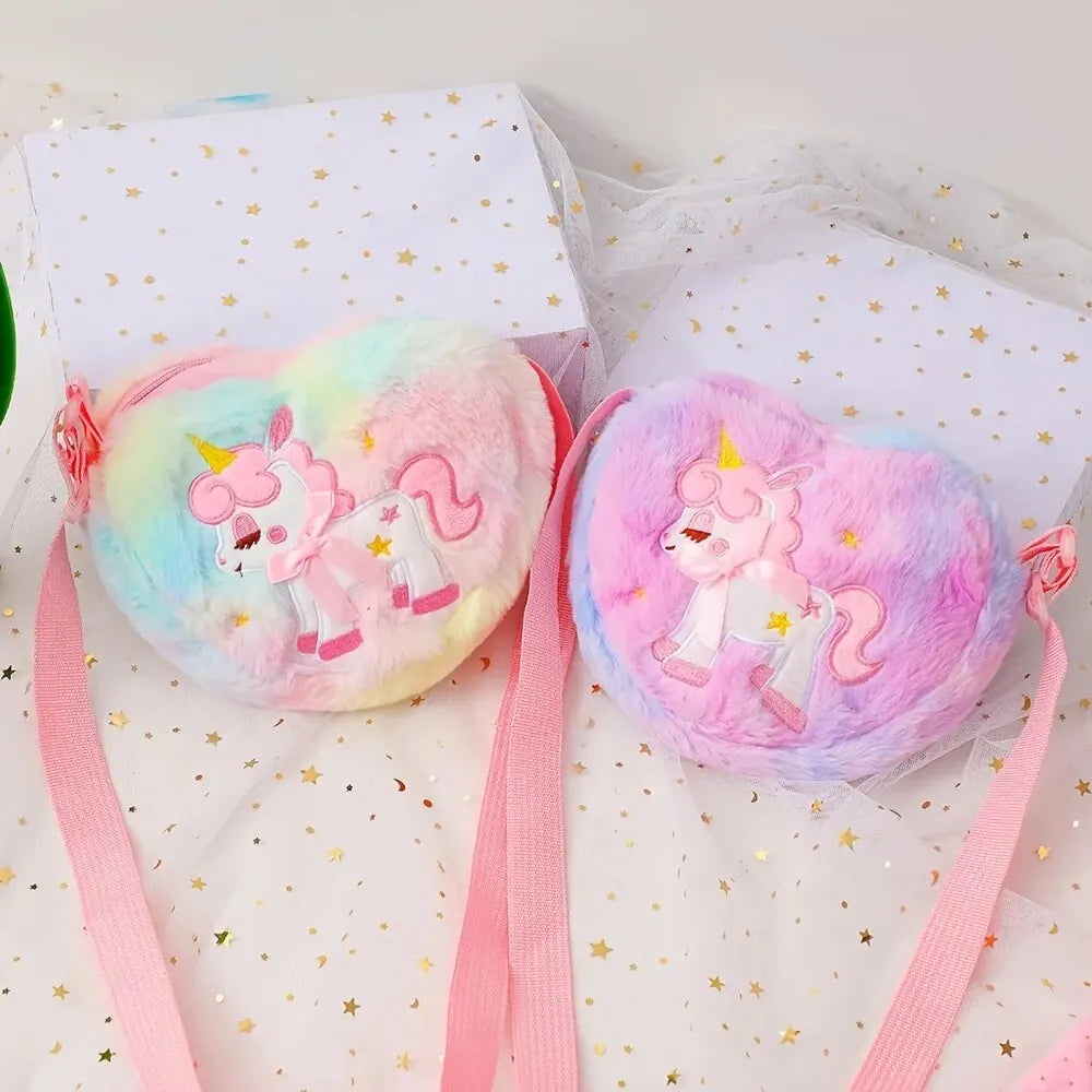 Lindo unicornio para niñas, bolso de hombro con cremallera de corazón de felpa, bolso de mensajero, monedero, cartera, bolso cruzado, regalo para niños, Mochila pequeña