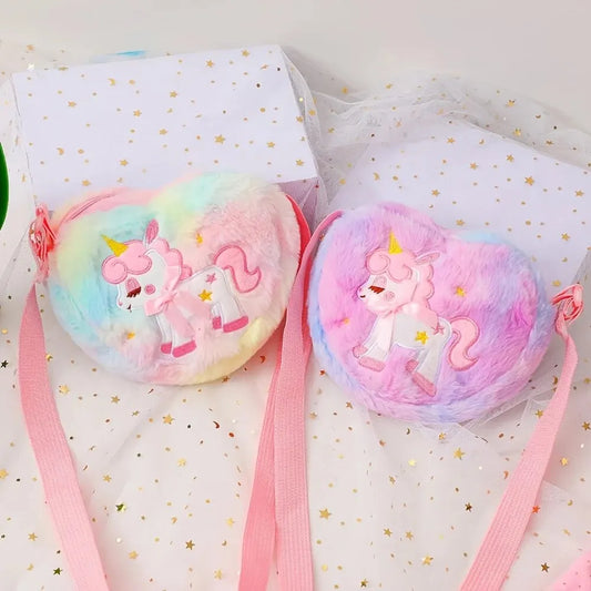 Lindo unicornio para niñas, bolso de hombro con cremallera de corazón de felpa, bolso de mensajero, monedero, cartera, bolso cruzado, regalo para niños, Mochila pequeña