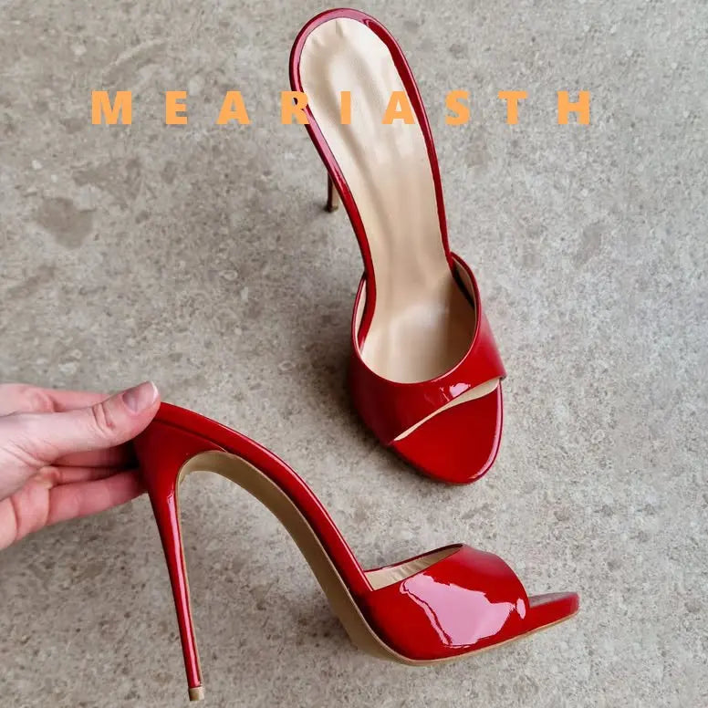 Mulas de cuero de Color caramelo para mujer, zapatos de tacón alto fino con punta abierta y punta abierta, zapatillas modernas sexis para fiesta para primavera y verano