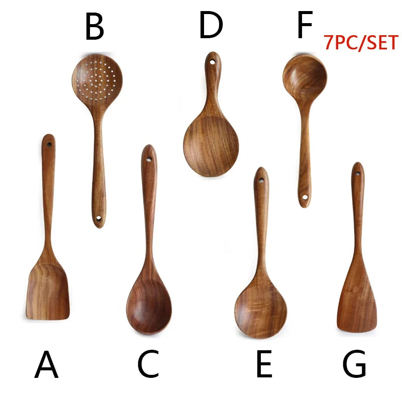 Cuchara de cocina de teca Natural, espátula de madera, juego de utensilios antiadherentes para cocinar con ganchos colgantes, herramienta de utensilios de cocina
