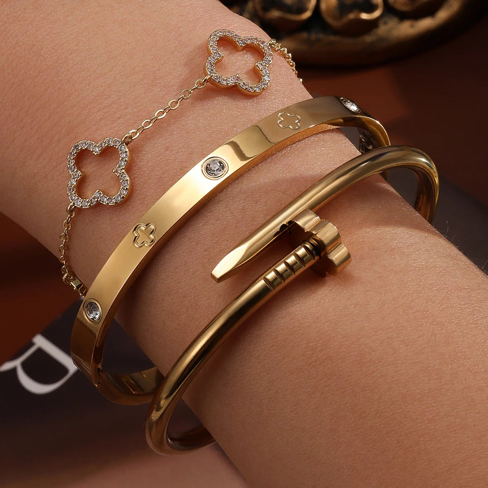 Pulsera de Acero Inoxidable Chapada en Oro con Cuatro Flores Apiladas, Brazaletes Brillantes con Circonita, Regalo de Joyería para Parejas
