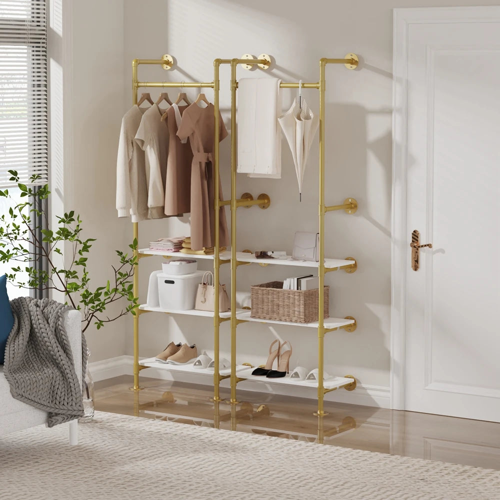 Perchero de pared para ropa, tubo industrial, dorado, con estantes de 3 niveles