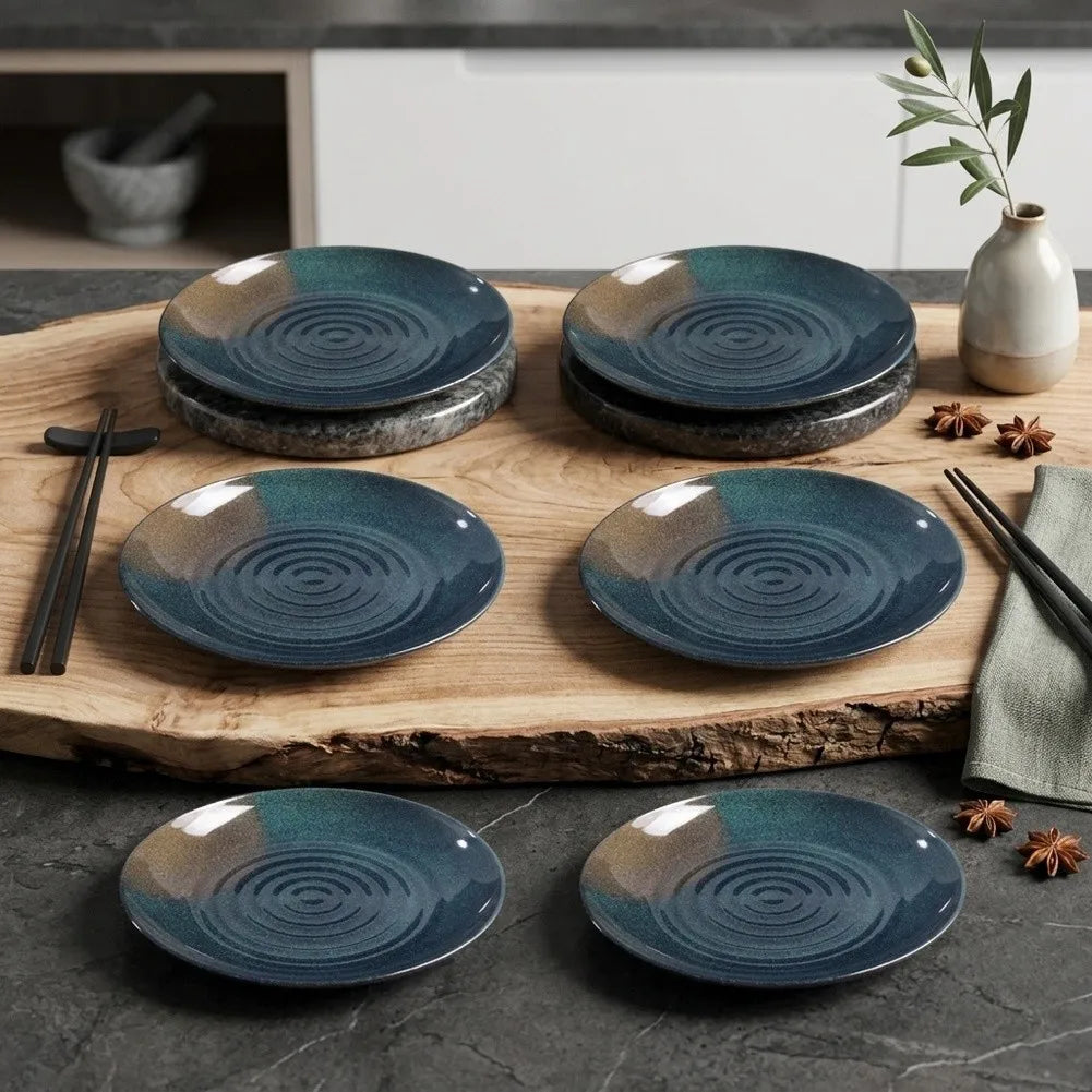 Juego de 6 Platos de Melamina Negros, Platos Planos con Ondas Concéntricas para Servir Platos Fríos, Filetes, para Restaurante, Hogar, Vajilla