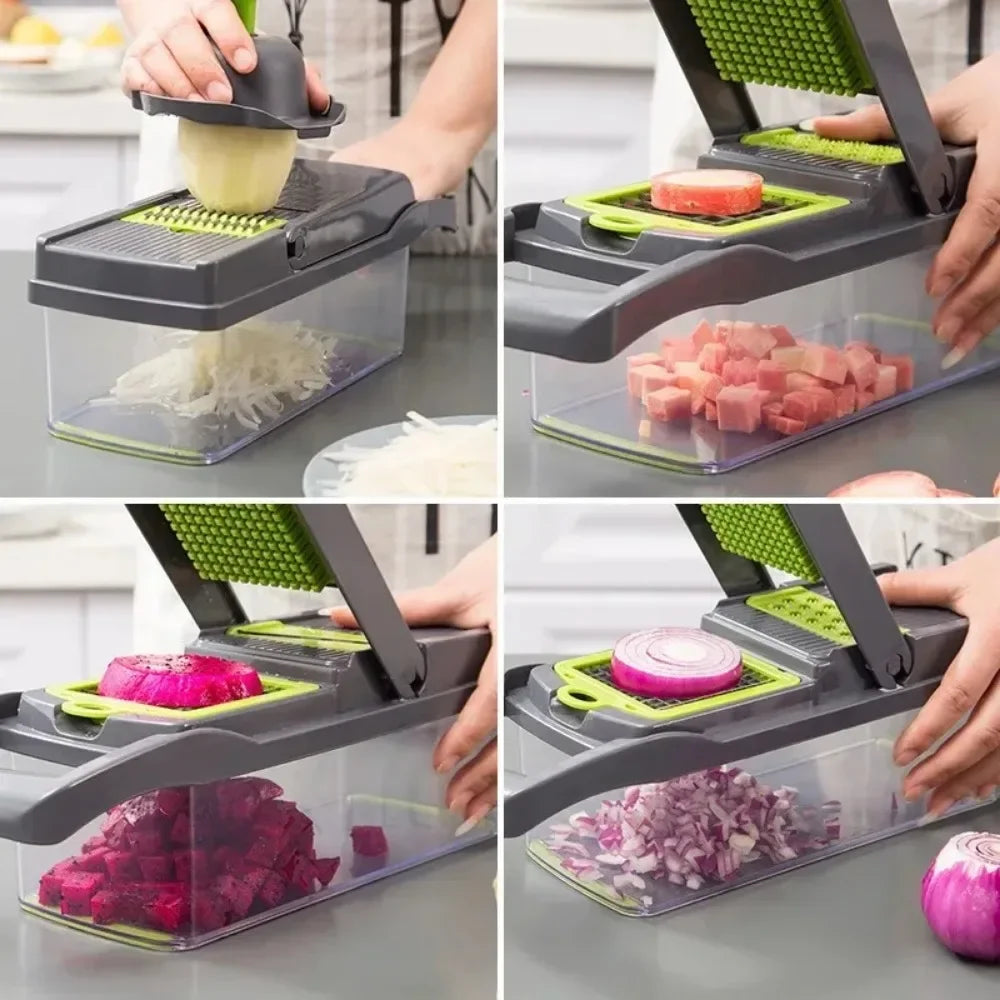 Picador de Verduras Multifuncional con Mango, 14/16 en 1, Rebanador, Cortador en Cubos, Rallador de Alimentos, Gadget de Cocina
