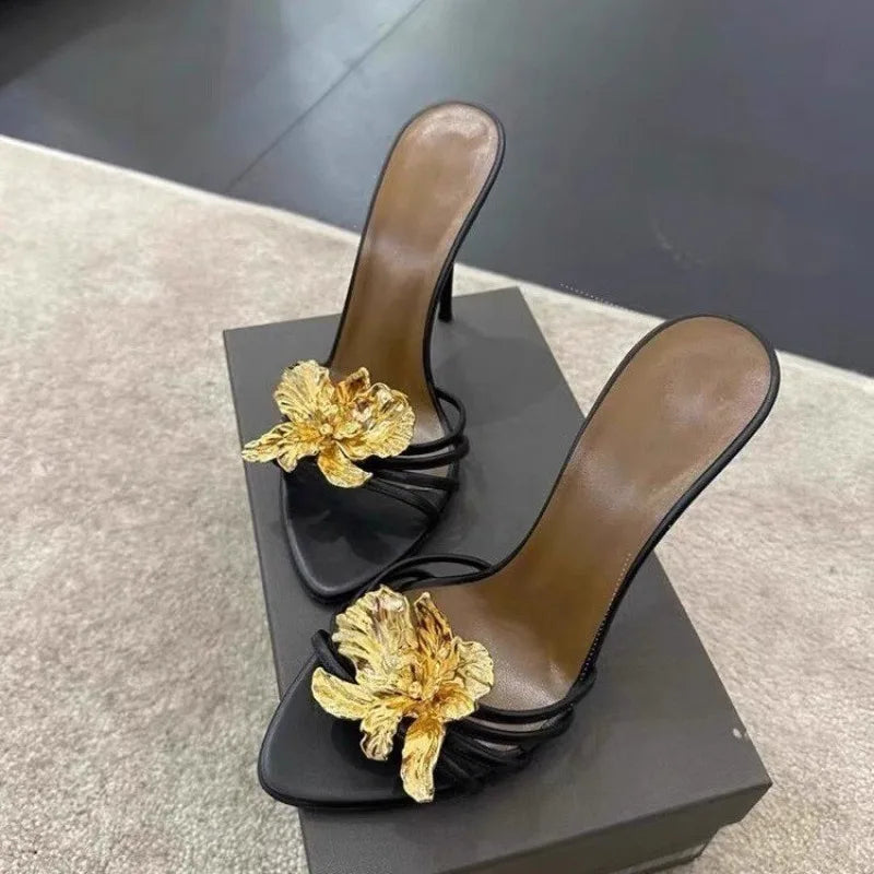 Sandalias de tacón alto para mujer, zapatillas antideslizantes con cabeza puntiaguda, boca poco profunda, conjunto de flores de cristal