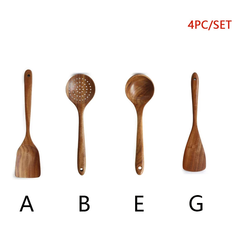 Cuchara de cocina de teca Natural, espátula de madera, juego de utensilios antiadherentes para cocinar con ganchos colgantes, herramienta de utensilios de cocina