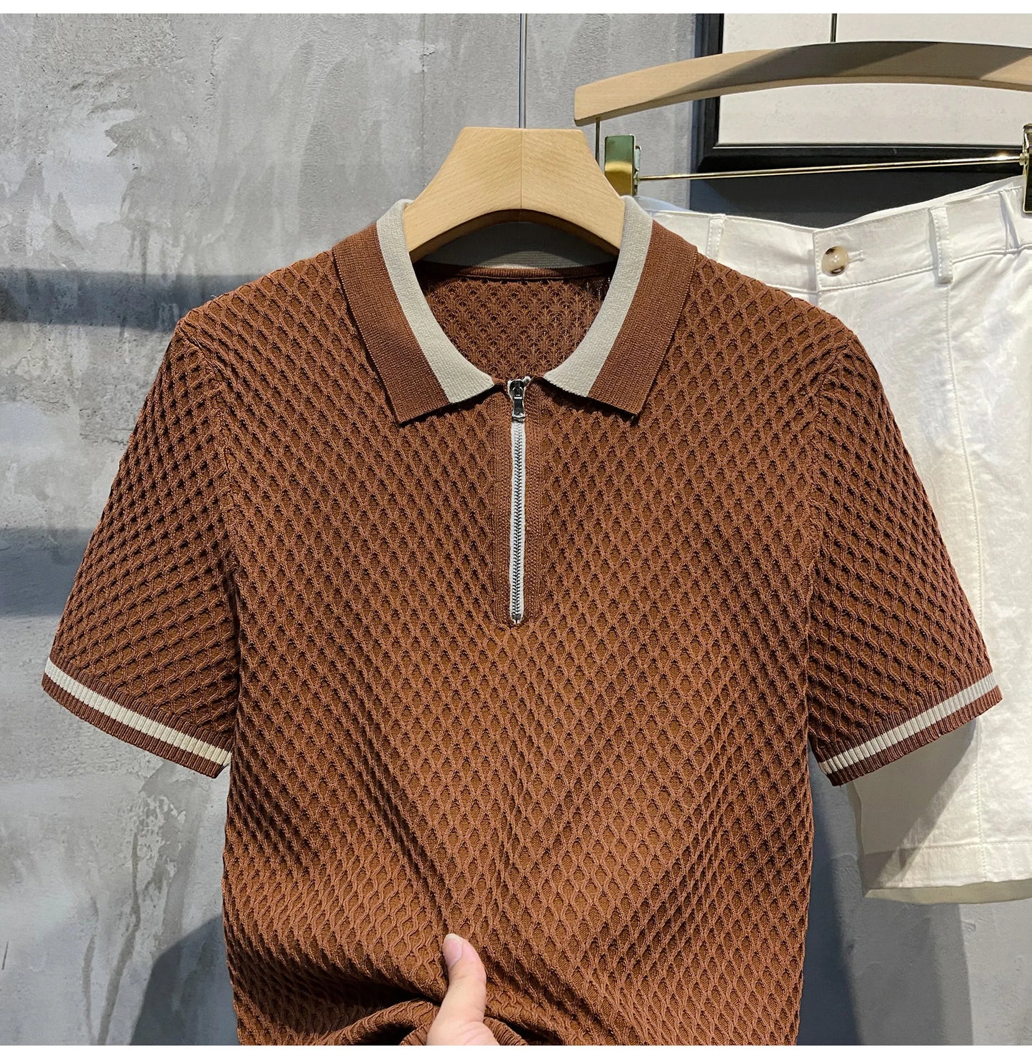 Camisa Polo de Punto Jacquard con Cuello en V para Hombre, Estilo Casual, Color Sólido, Manga Corta, Transpirable, Ropa de Lujo B24, 2026