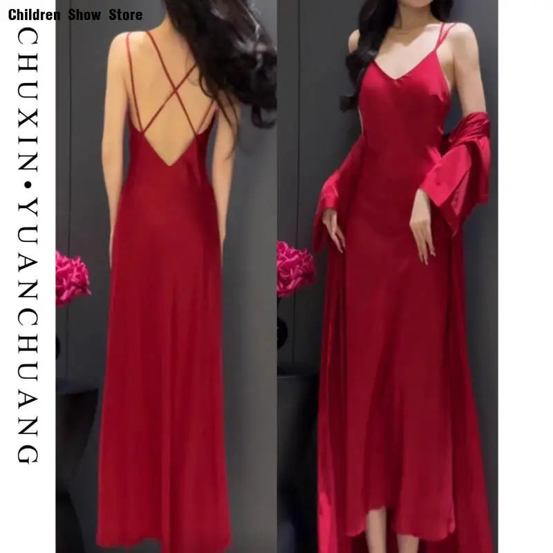 Vestido largo Sexy Vestidos De Novia Color sólido Kimono Albornoz Vestido señora otoño nueva ropa De dormir De rayón Pijama Mujer lencería íntima