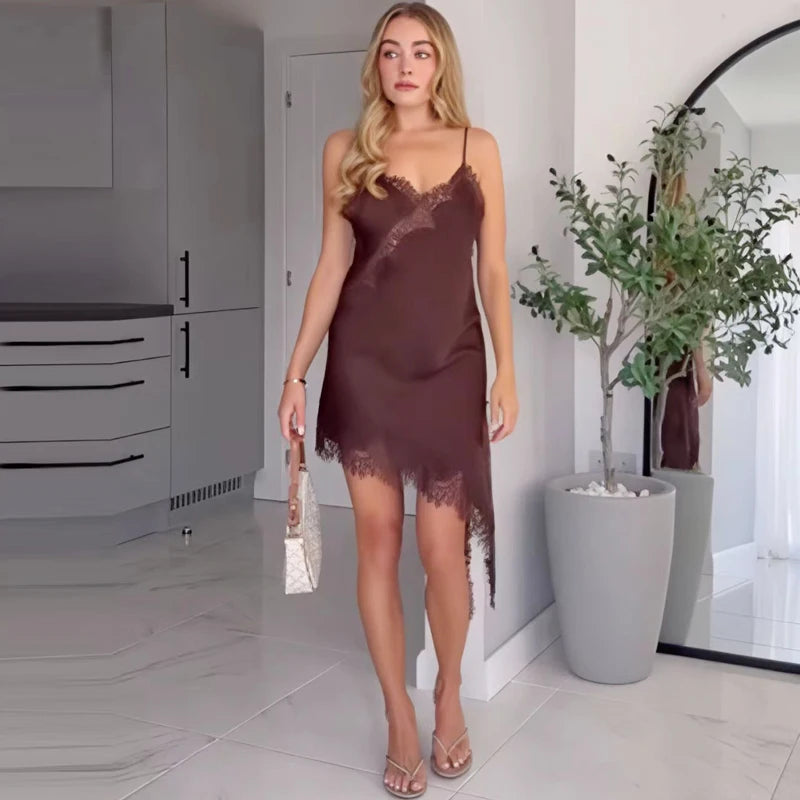 HXAO Vestidos para mujer, vestido asimétrico de encaje, verano 2025, Vestidos de noche sexis para mujer, Mini Vestidos marrones sin mangas y sin espalda