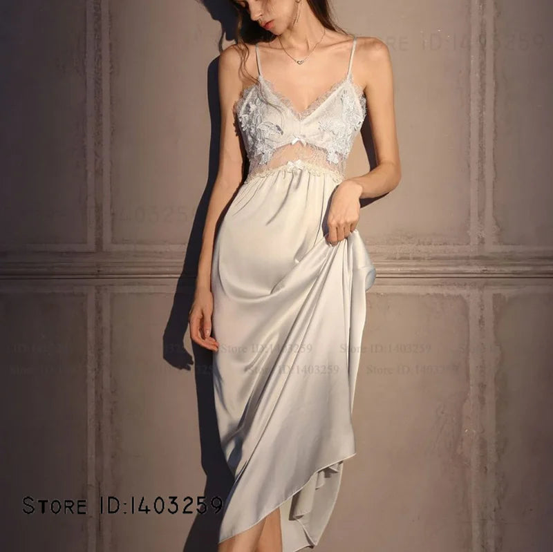 Conjunto de bata larga elegante para mujer, camisón de lencería Sexy, camisón con espalda descubierta, ropa de dormir para el hogar, ropa de dormir de satén de seda