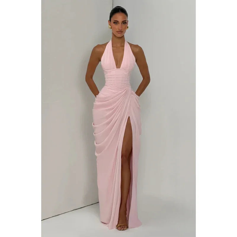 Vestido Maxi Plisado Sólido Sexy con Cuello Halter para Mujer, sin Mangas, sin Espalda, con Cintura Ajustada y Abertura, Vestidos de Fiesta de Verano 2026