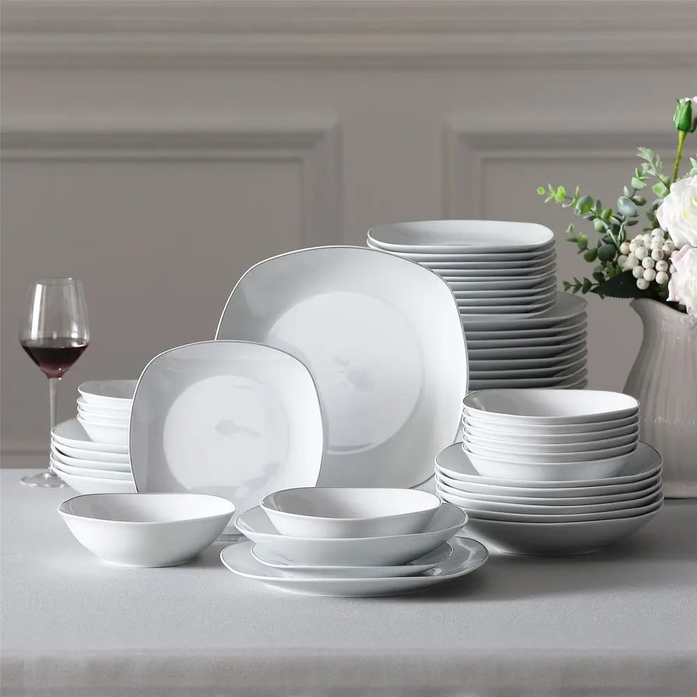 Juegos de vajilla, juego de 24 piezas de platos y tazones de porcelana, juego de vajilla cuadrada blanca con borde negro, platos para servir postres, sal
