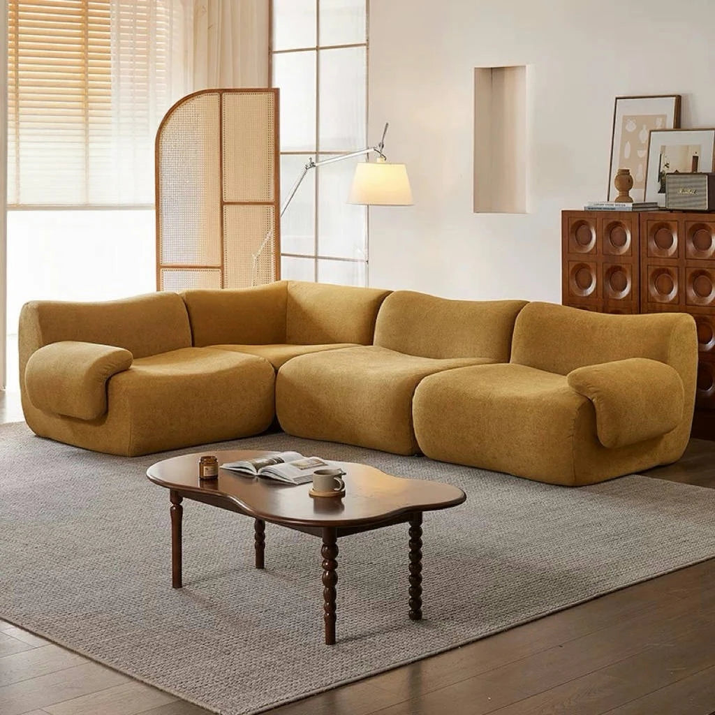 Sofá modular comprimido al vacío, seccional de tela Wabi-Sabi Sherpa con espuma muy elástica, estilo crema de mediados de siglo, ahorro de espacio