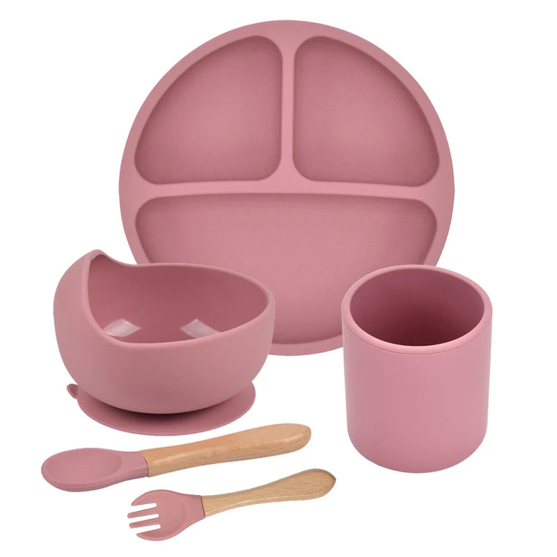 Juego de alimentación de silicona para bebé, cuenco de silicona, plato de comedor, cuchara, tenedor, platos para niños, vajilla de silicona sin BPA, 3/4/5 Uds.