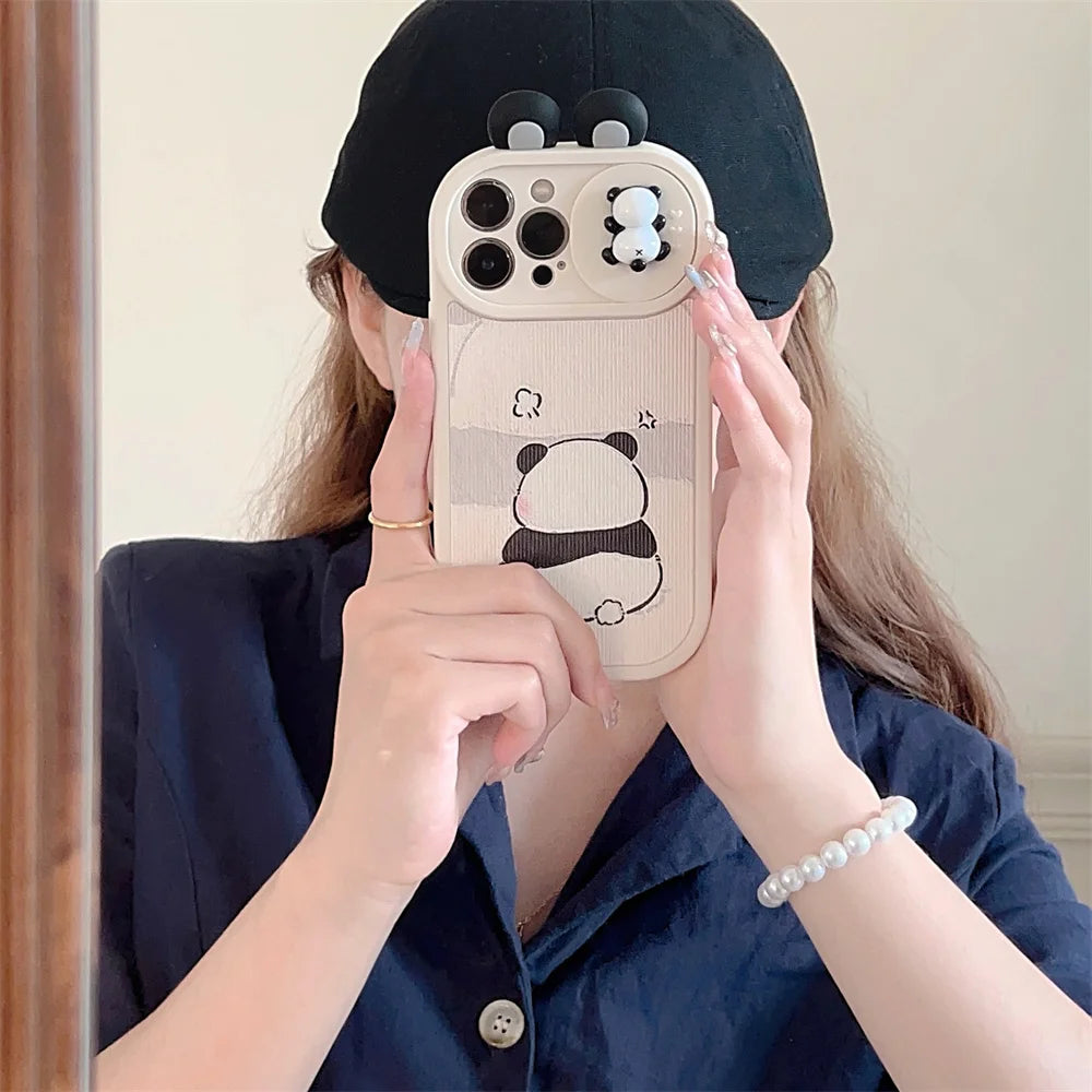 Ins 3D Panda Slide cámara protección funda de teléfono de silicona para iPhone 16 14 12 13 15 Pro Max 11 orejas de dibujos animados cubierta trasera a prueba de golpes