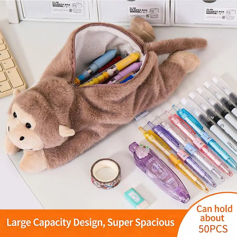 Nuevo Estuche de Lápices de Peluche con Diseño de Gorila de Dibujos Animados, Divertido Estuche de Lápices con Forma de Animal para Estudiantes, Bolsa de Almacenamiento de Papelería de Gran Capacidad, Regalos