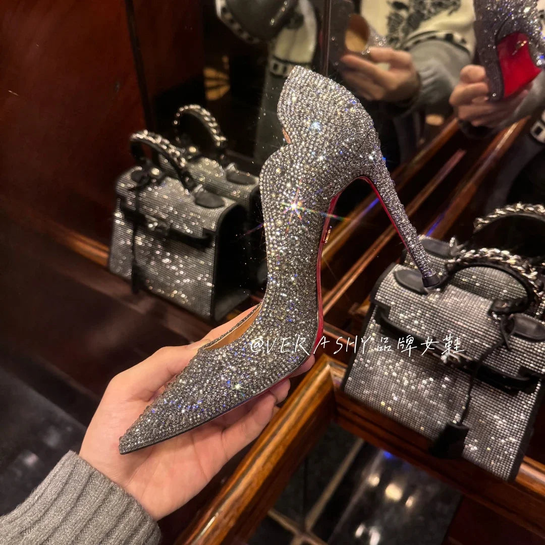 Tacones altos para mujer, primavera 20220, oro nuevo, Sexy, puntiagudos, franceses, finos con zapatos individuales, zapatos de boda de cristal para mujer, zapato de suela roja para mujer
