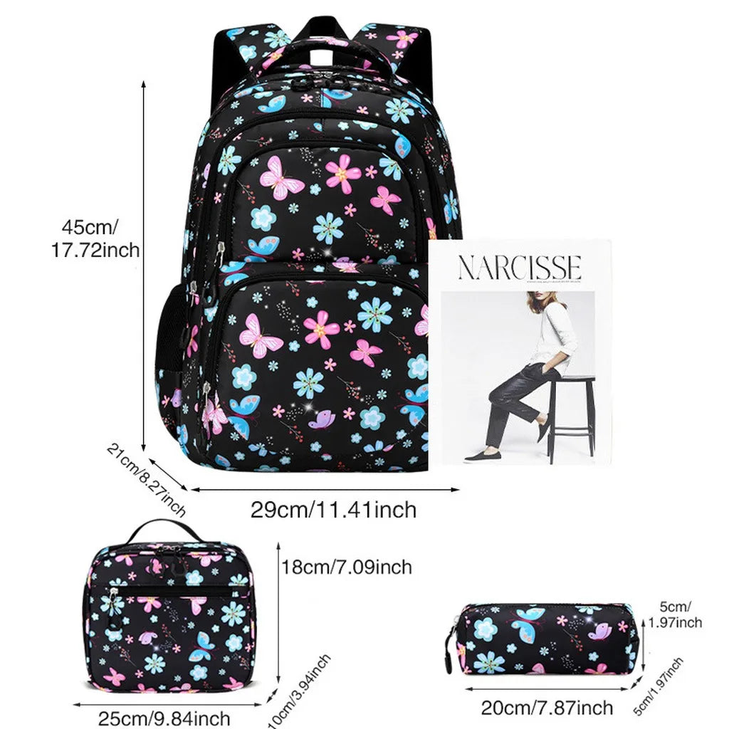 Juego de 3 Piezas de Mochila Escolar para Niños con Estampado de Mariposas y Flores, Resistente al Agua, Ligera, con Lonchera Aislada y Estuche para Lápices