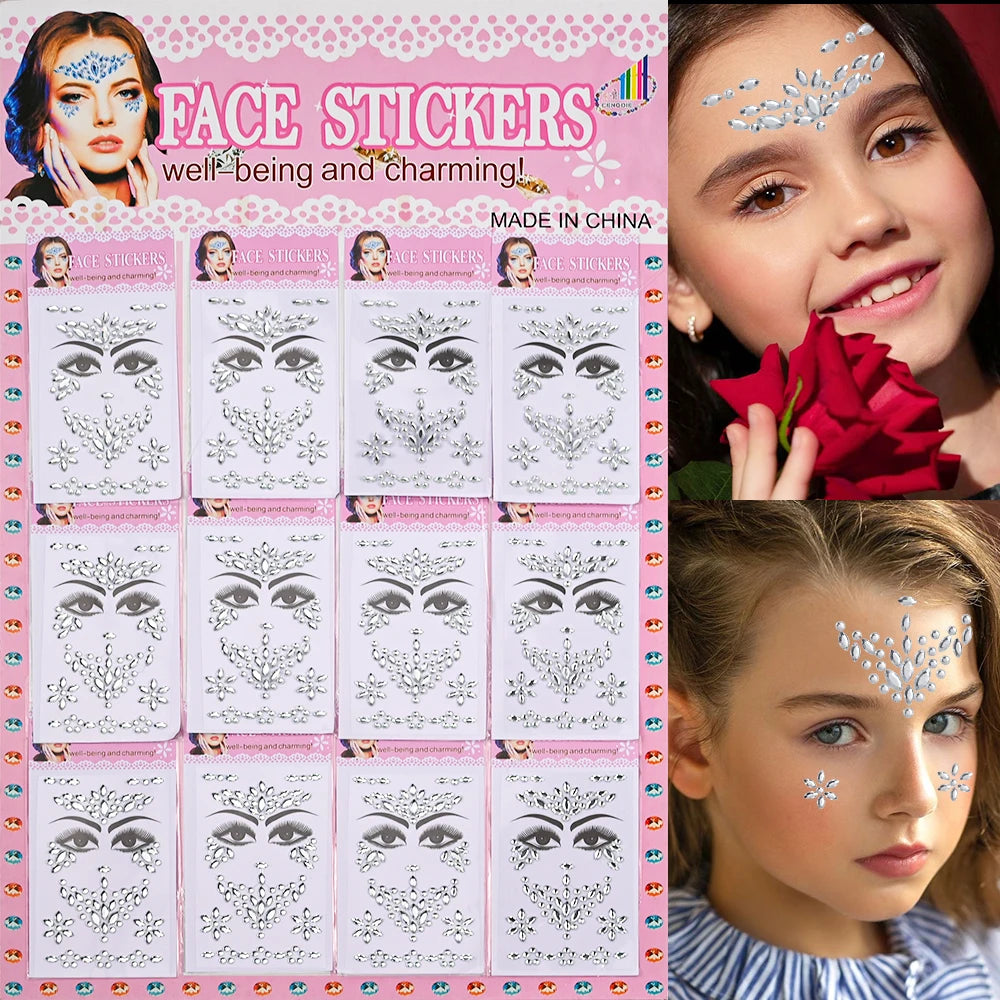 1 hoja 900 Uds. Pegatinas de gemas brillantes de cara de arcoíris, tatuaje Facial adhesivo, joyas de diamantes de imitación para ojos, mezcla de 3/4/5mm, maquillaje para fiesta de boda