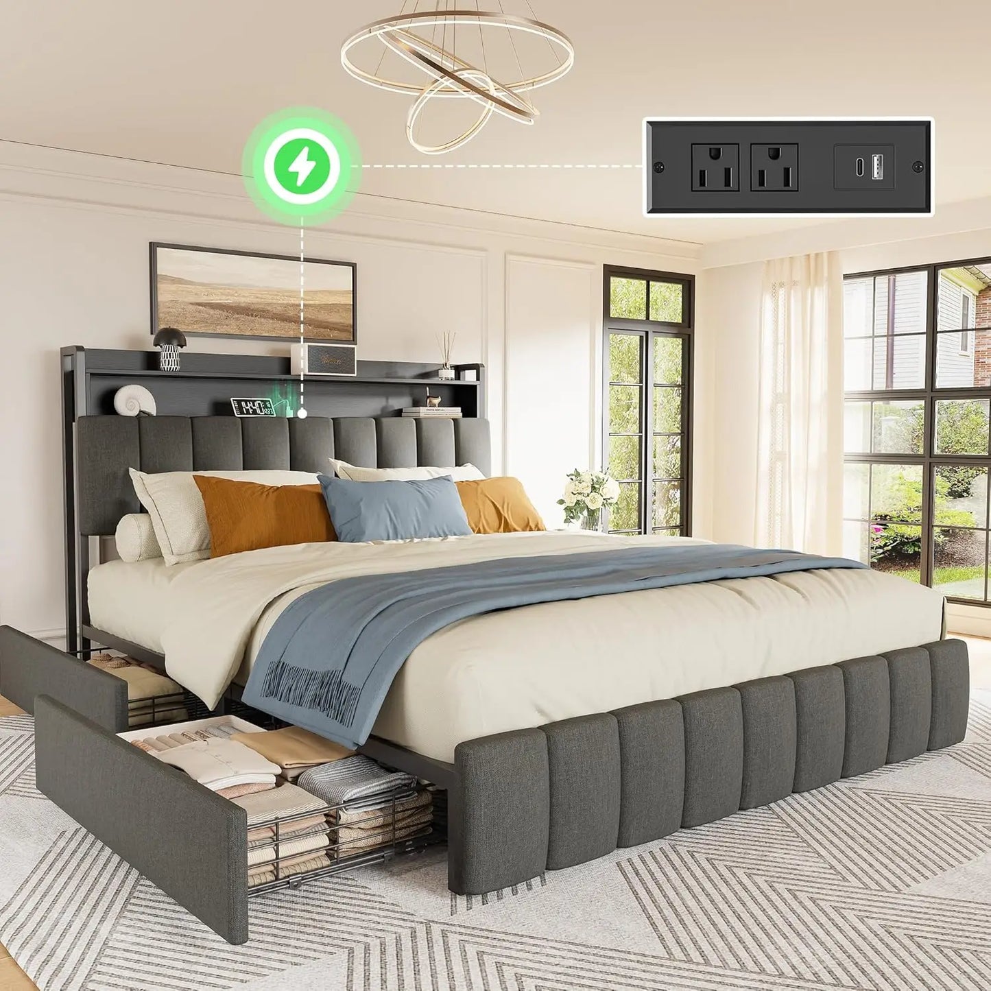 Base de Cama Queen Size con Cabecera Tapizada y Estación de Carga, Base de Cama Queen con 4 Cajones de Almacenamiento, 2 Niveles, Personalizable