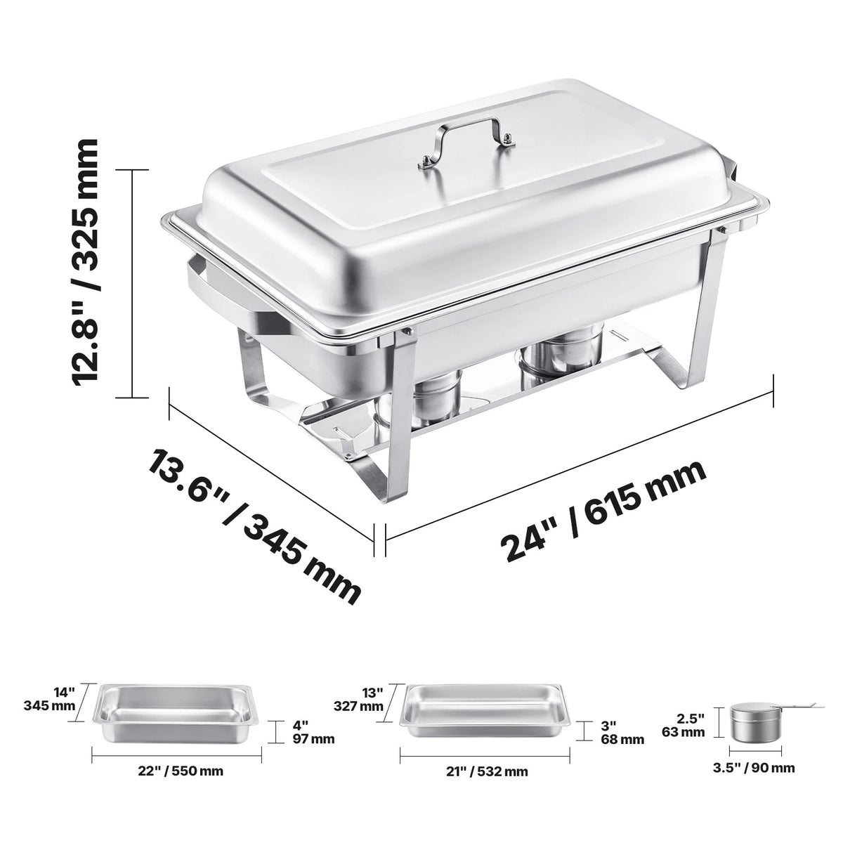 SucceBuy Juego de buffet de plato de frotamiento de 8 cuartos de galón, paquete de 4, chafer de acero inoxidable con 2 sartenes de tamaño completo y 4 tamaño medio, servidor calentador de catering