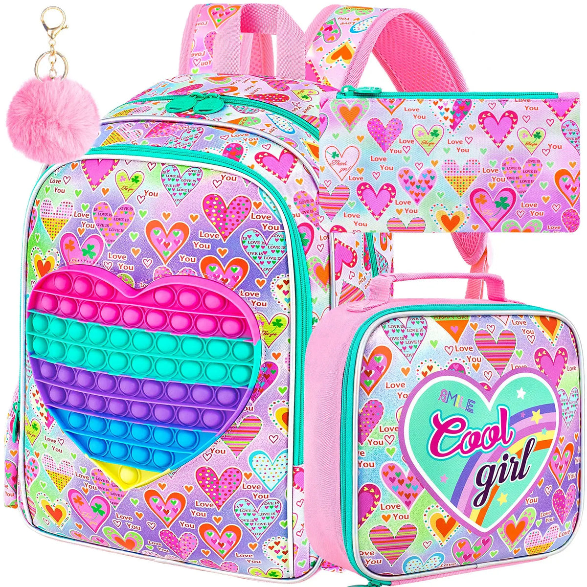 Juego de 3 Piezas de Mochila Pop It Fidget para Niñas con Lonchera, Estuche para Lápices y Llavero con Pompones, Regalo de Útiles Escolares para Niños