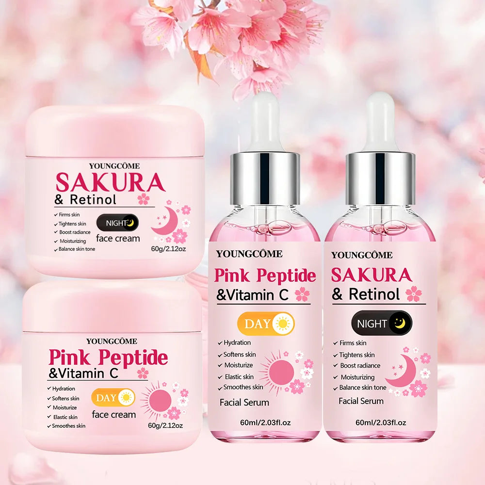 Set de cuidado de la piel día y noche de 4 piezas: crema de día con vitamina C con péptido rosa + crema de noche con retinol Sakura y esencia para hidratación, firmeza