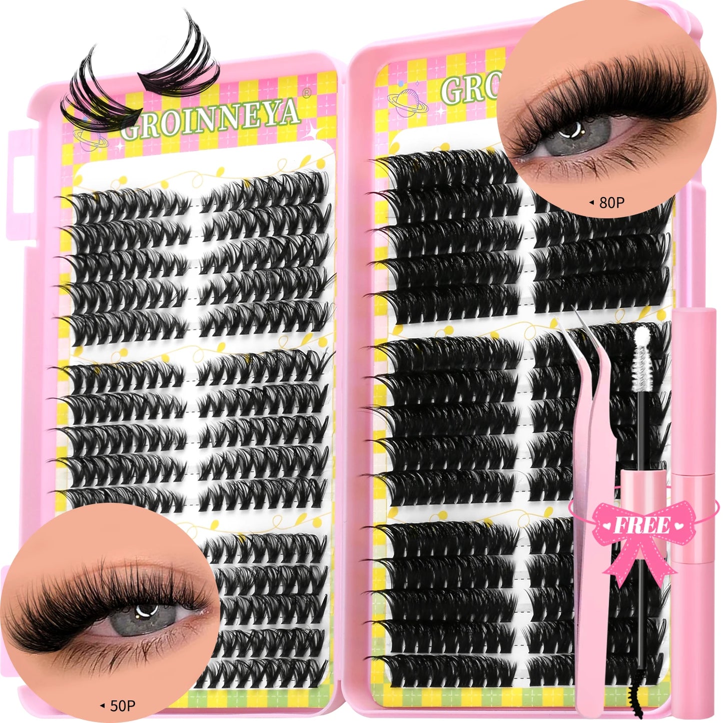 GROINNEYA Clusters de pestañas 540 Uds Kit de extensiones de pestañas de gato Kit de pestañas en racimo con Kit de maquillaje de pestañas Bond & Seal