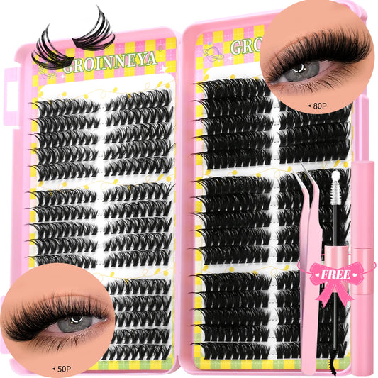 GROINNEYA Clusters de pestañas 540 Uds Kit de extensiones de pestañas de gato Kit de pestañas en racimo con Kit de maquillaje de pestañas Bond & Seal