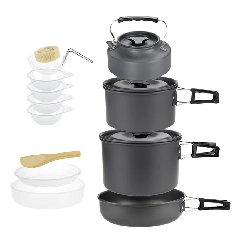 Juego de utensilios de cocina para acampar para 1 a 7 personas, olla y sartén ligeros y portátiles con bolsa de transporte, perfecto para acampar al aire libre