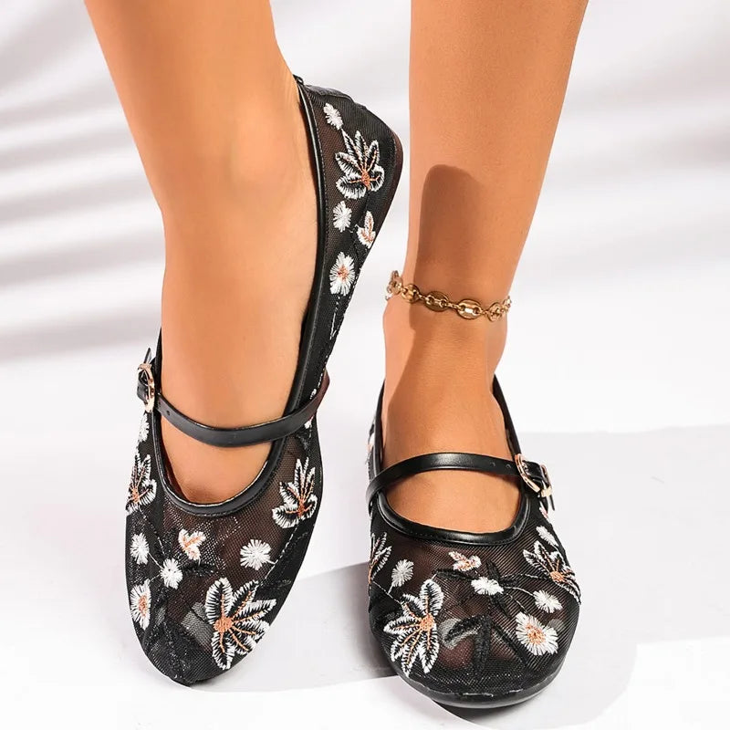Zapatos Mary Jane de malla con bordado floral de primavera para mujer, zapatos con correa y hebilla concisa, zapatos de suela suave, zapatos planos de ballet transpirables para mujer