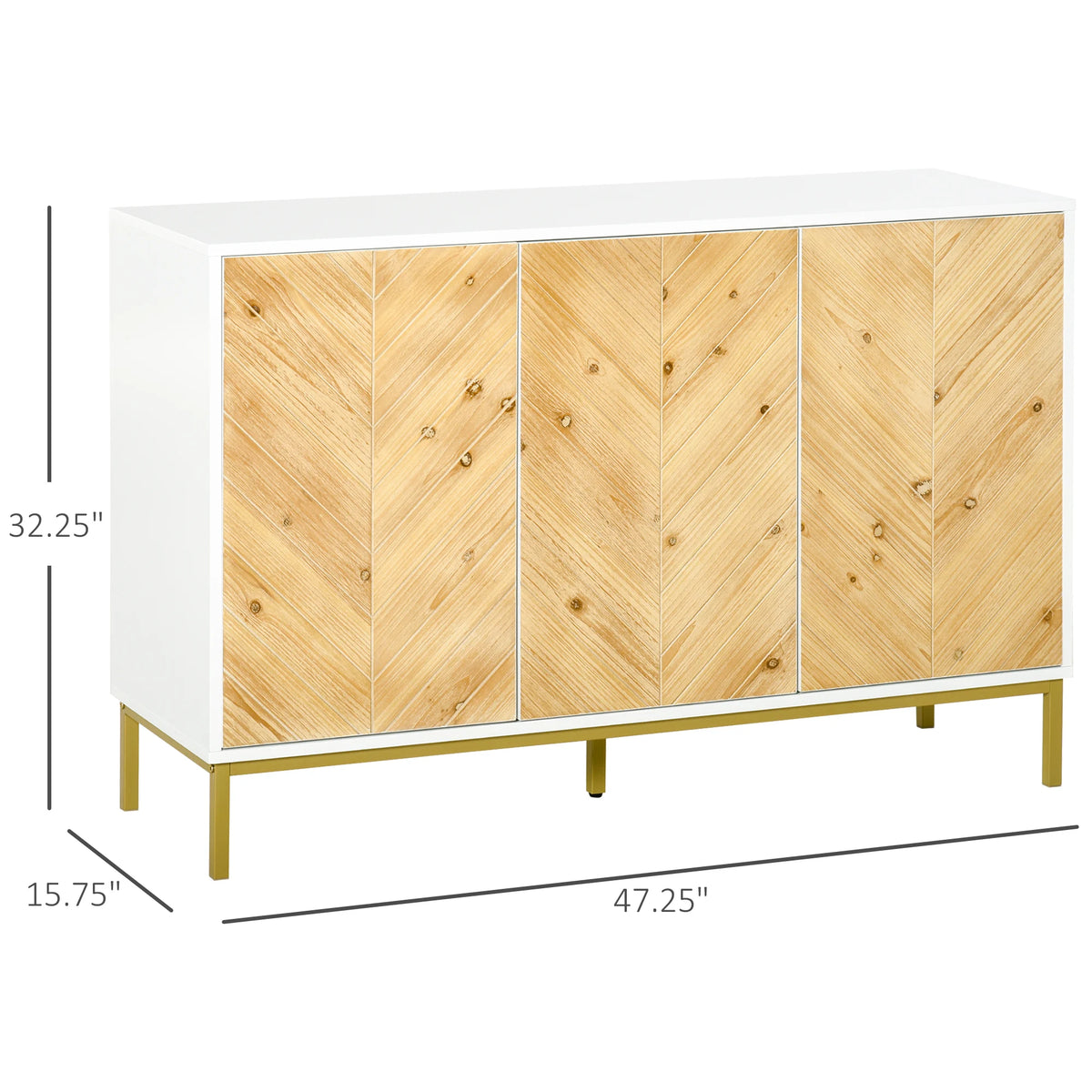 Aparador de 3 Puertas, Mueble de Cocina, Mueble para Cafetería con Patrón Chevron, Estante Ajustable y Patas de Metal, Madera Natural