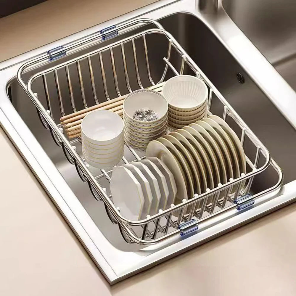 Rejilla de drenaje telescópica de acero inoxidable para fregadero, estante organizador antideslizante para secado de platos, cocina, baño, encimera, para uso doméstico